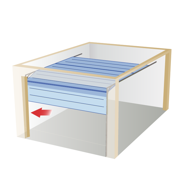 How it works illustration ThermoTraks sectional garage door in motion with red arrow pointing to door frame