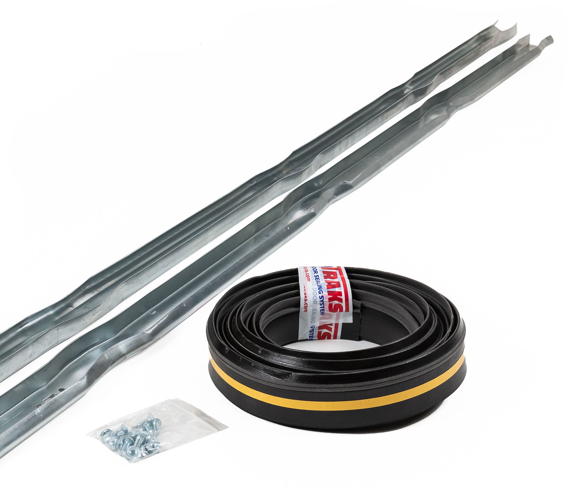 ThermoTraks Kit garage door bottom seal displayed alongside vertical left and right door tracks and track bolts